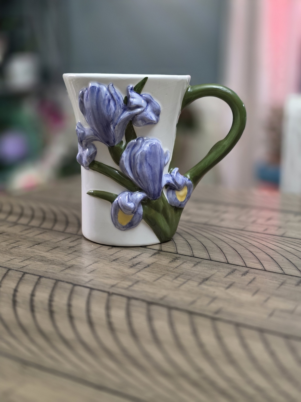 Teleflora White Ceramic Coffee Mug Green Handle Purple Iris Floral